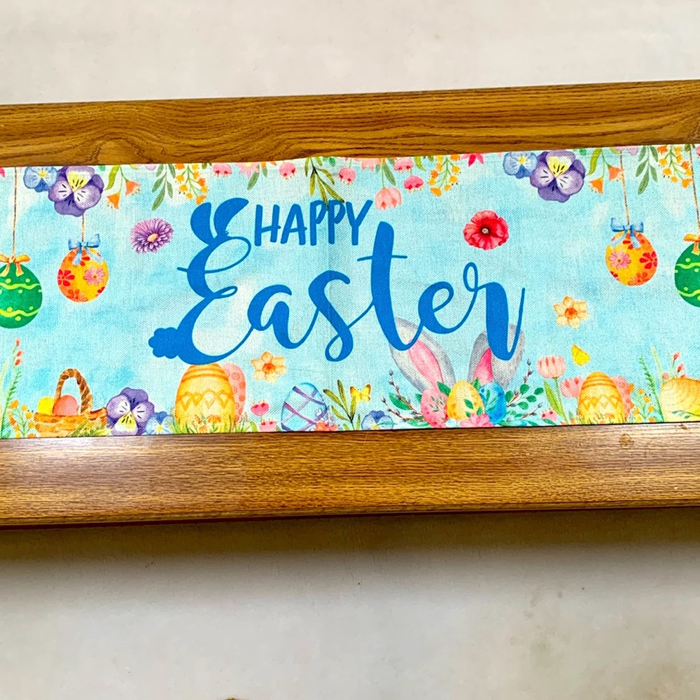 Table runner Easter theme. Happy Easter script with bunny, floral, egg graphics